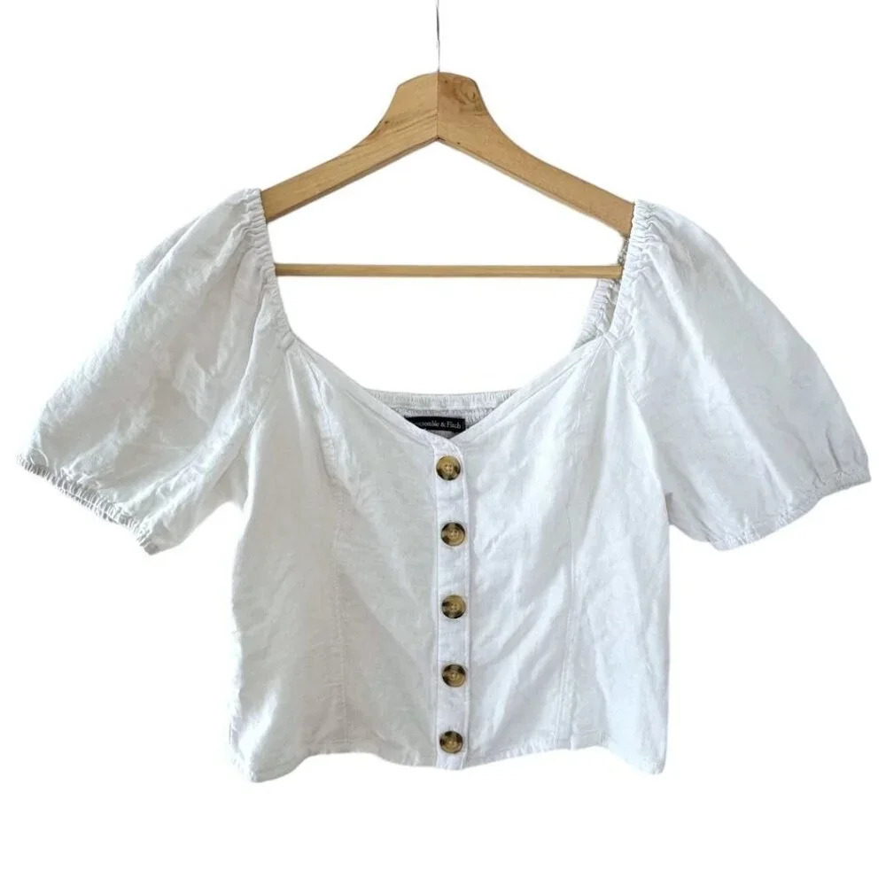 Abercrombie & Fitch White Button-Front Puff Sleeve Top